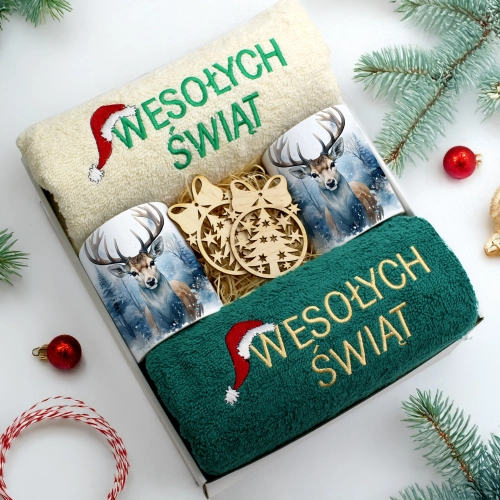 ZESTAW PREZENT ŚWIĄTECZNY KOMPLET KUBKI RĘCZNIKI ŚWIĘTA MIKOŁAJ POD CHOINKĘ