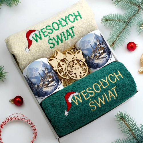 ZESTAW PREZENT ŚWIĄTECZNY KOMPLET KUBKI RĘCZNIKI ŚWIĘTA MIKOŁAJ POD CHOINKĘ