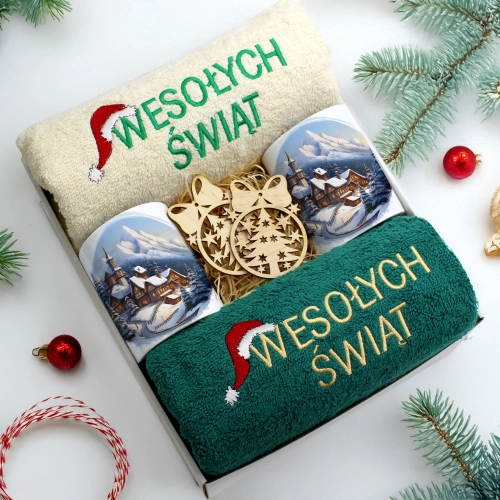 ZESTAW PREZENT ŚWIĄTECZNY KOMPLET KUBKI RĘCZNIKI ŚWIĘTA MIKOŁAJ POD CHOINKĘ