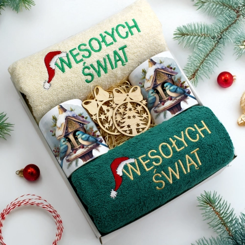 ZESTAW PREZENT ŚWIĄTECZNY KOMPLET KUBKI RĘCZNIKI ŚWIĘTA MIKOŁAJ POD CHOINKĘ
