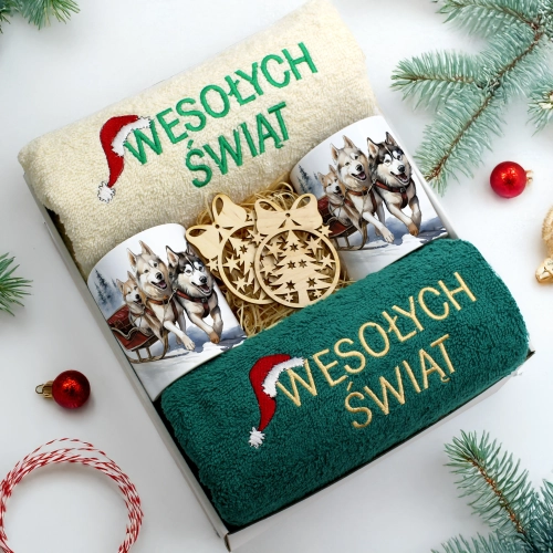 ZESTAW PREZENT ŚWIĄTECZNY KOMPLET KUBKI RĘCZNIKI ŚWIĘTA MIKOŁAJ POD CHOINKĘ