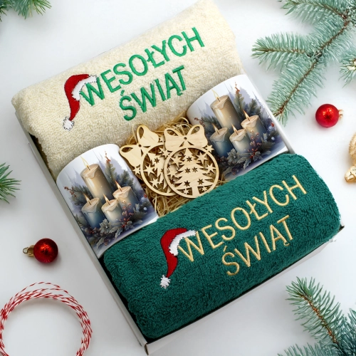 ZESTAW PREZENT ŚWIĄTECZNY KOMPLET KUBKI RĘCZNIKI ŚWIĘTA MIKOŁAJ POD CHOINKĘ