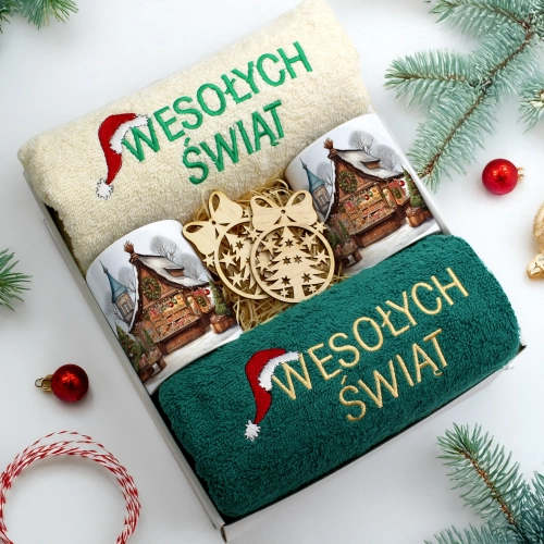ZESTAW PREZENT ŚWIĄTECZNY KOMPLET KUBKI RĘCZNIKI ŚWIĘTA MIKOŁAJ POD CHOINKĘ