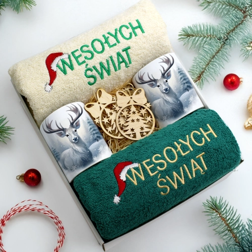 ZESTAW PREZENT ŚWIĄTECZNY KOMPLET KUBKI RĘCZNIKI ŚWIĘTA MIKOŁAJ POD CHOINKĘ