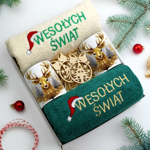 ZESTAW PREZENT ŚWIĄTECZNY KOMPLET KUBKI RĘCZNIKI ŚWIĘTA MIKOŁAJ POD CHOINKĘ