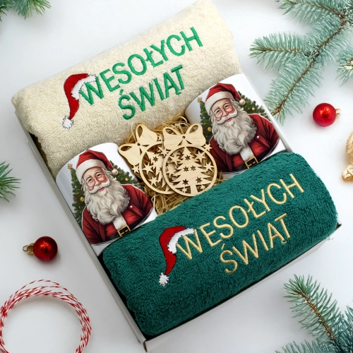 ZESTAW PREZENT ŚWIĄTECZNY KOMPLET KUBKI RĘCZNIKI ŚWIĘTA MIKOŁAJ POD CHOINKĘ