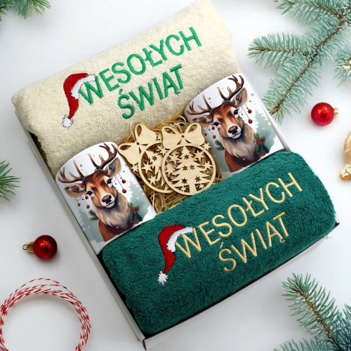 ZESTAW PREZENT ŚWIĄTECZNY KOMPLET KUBKI RĘCZNIKI ŚWIĘTA MIKOŁAJ POD CHOINKĘ