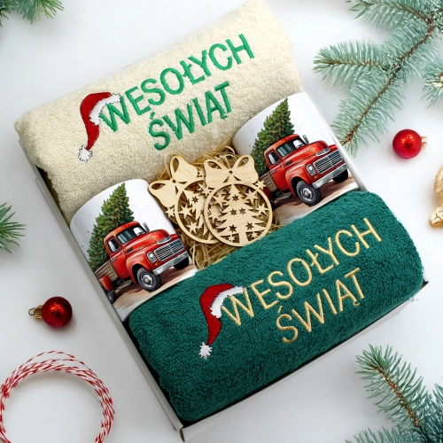 ZESTAW PREZENT ŚWIĄTECZNY KOMPLET KUBKI RĘCZNIKI ŚWIĘTA MIKOŁAJ POD CHOINKĘ