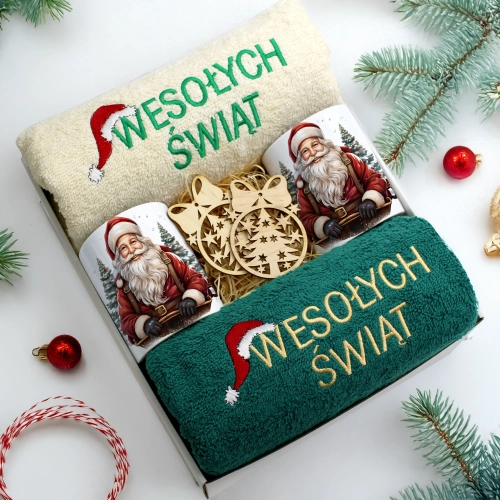 ZESTAW PREZENT ŚWIĄTECZNY KOMPLET KUBKI RĘCZNIKI ŚWIĘTA MIKOŁAJ POD CHOINKĘ