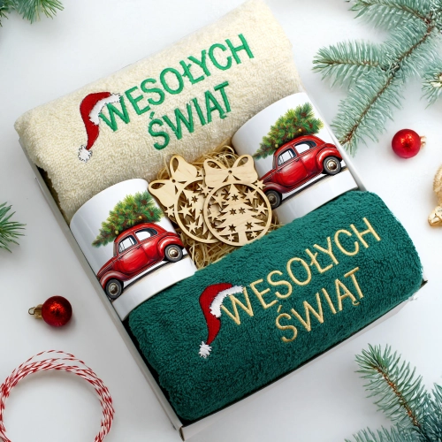 ZESTAW PREZENT ŚWIĄTECZNY KOMPLET KUBKI RĘCZNIKI ŚWIĘTA MIKOŁAJ POD CHOINKĘ