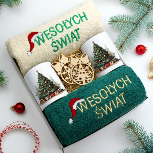 ZESTAW PREZENT ŚWIĄTECZNY KOMPLET KUBKI RĘCZNIKI ŚWIĘTA MIKOŁAJ POD CHOINKĘ