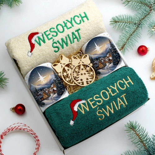 ZESTAW PREZENT ŚWIĄTECZNY KOMPLET KUBKI RĘCZNIKI ŚWIĘTA MIKOŁAJ POD CHOINKĘ