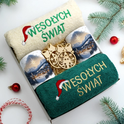 ZESTAW PREZENT ŚWIĄTECZNY KOMPLET KUBKI RĘCZNIKI ŚWIĘTA MIKOŁAJ POD CHOINKĘ