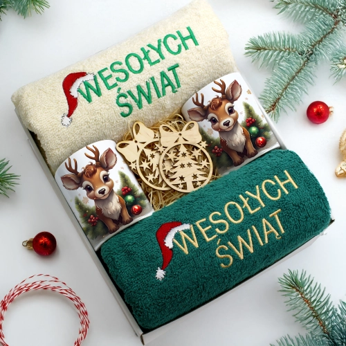 ZESTAW PREZENT ŚWIĄTECZNY KOMPLET KUBKI RĘCZNIKI ŚWIĘTA MIKOŁAJ POD CHOINKĘ
