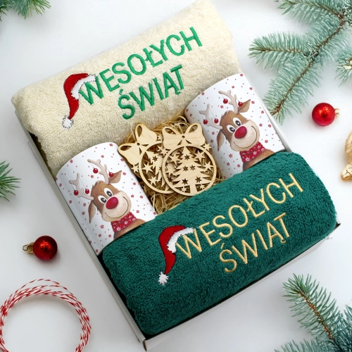 ZESTAW PREZENT ŚWIĄTECZNY KOMPLET KUBKI RĘCZNIKI ŚWIĘTA MIKOŁAJ POD CHOINKĘ