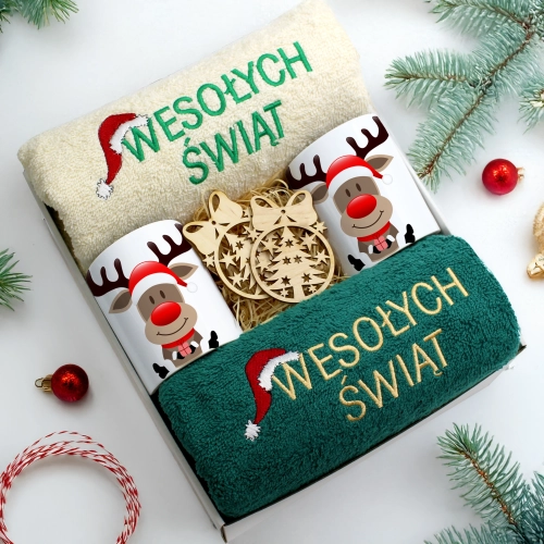 ZESTAW PREZENT ŚWIĄTECZNY KOMPLET KUBKI RĘCZNIKI ŚWIĘTA MIKOŁAJ POD CHOINKĘ