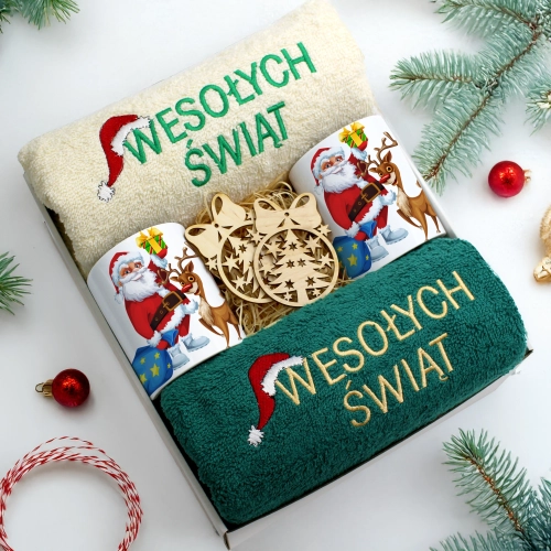 ZESTAW PREZENT ŚWIĄTECZNY KOMPLET KUBKI RĘCZNIKI ŚWIĘTA MIKOŁAJ POD CHOINKĘ