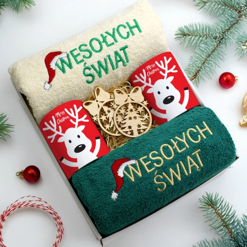 ZESTAW PREZENT ŚWIĄTECZNY KOMPLET KUBKI RĘCZNIKI ŚWIĘTA MIKOŁAJ POD CHOINKĘ