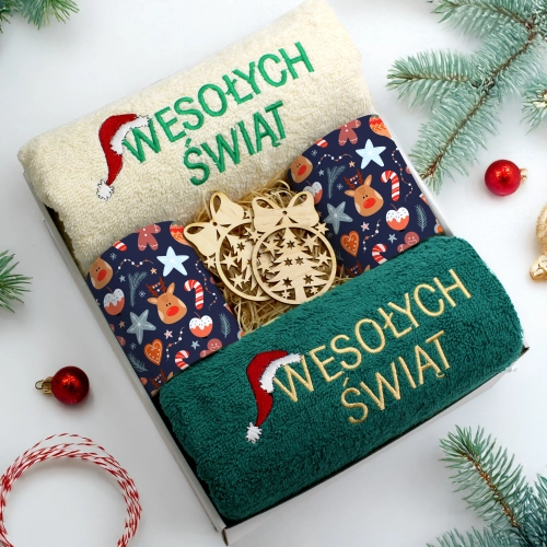 ZESTAW PREZENT ŚWIĄTECZNY KOMPLET KUBKI RĘCZNIKI ŚWIĘTA MIKOŁAJ POD CHOINKĘ