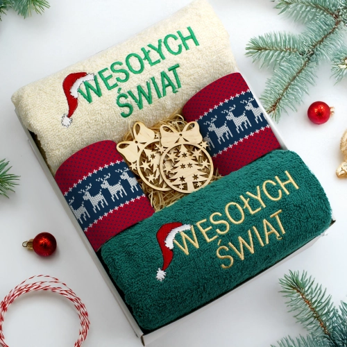 ZESTAW PREZENT ŚWIĄTECZNY KOMPLET KUBKI RĘCZNIKI ŚWIĘTA MIKOŁAJ POD CHOINKĘ