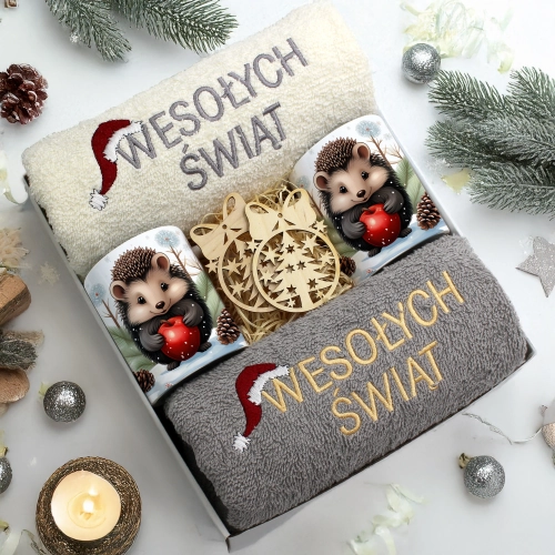 ZESTAW PREZENT ŚWIĄTECZNY KOMPLET KUBKI RĘCZNIKI ŚWIĘTA MIKOŁAJ POD CHOINKĘ