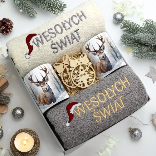 ZESTAW PREZENT ŚWIĄTECZNY KOMPLET KUBKI RĘCZNIKI ŚWIĘTA MIKOŁAJ POD CHOINKĘ