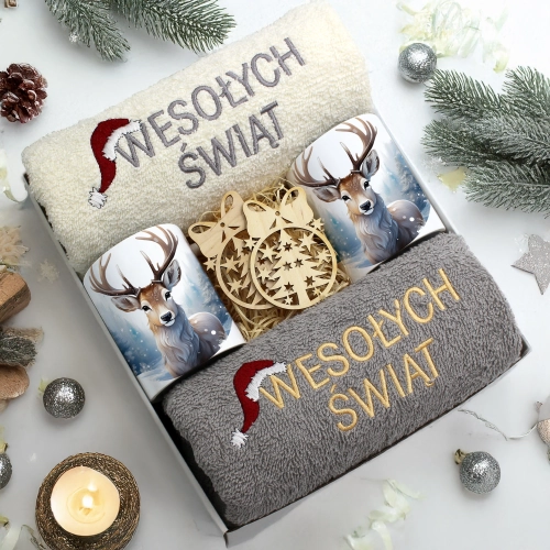 ZESTAW PREZENT ŚWIĄTECZNY KOMPLET KUBKI RĘCZNIKI ŚWIĘTA MIKOŁAJ POD CHOINKĘ