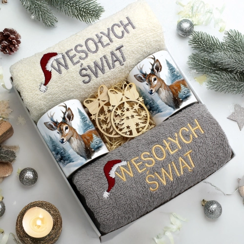 ZESTAW PREZENT ŚWIĄTECZNY KOMPLET KUBKI RĘCZNIKI ŚWIĘTA MIKOŁAJ POD CHOINKĘ