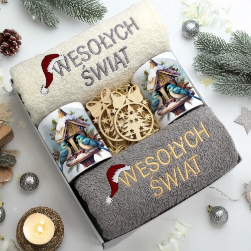ZESTAW PREZENT ŚWIĄTECZNY KOMPLET KUBKI RĘCZNIKI ŚWIĘTA MIKOŁAJ POD CHOINKĘ