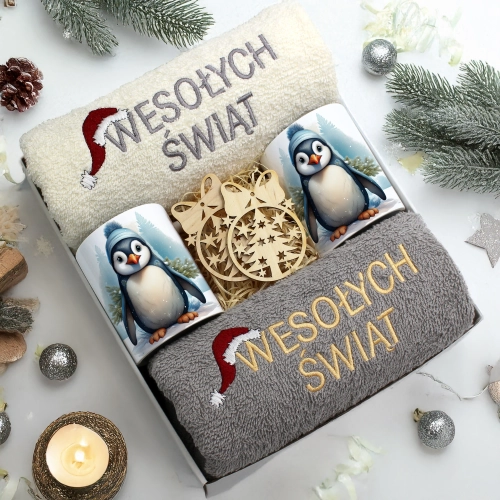 ZESTAW PREZENT ŚWIĄTECZNY KOMPLET KUBKI RĘCZNIKI ŚWIĘTA MIKOŁAJ POD CHOINKĘ
