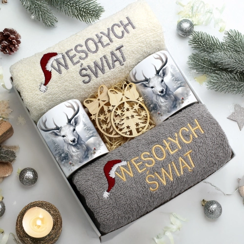 ZESTAW PREZENT ŚWIĄTECZNY KOMPLET KUBKI RĘCZNIKI ŚWIĘTA MIKOŁAJ POD CHOINKĘ