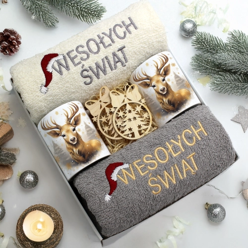 ZESTAW PREZENT ŚWIĄTECZNY KOMPLET KUBKI RĘCZNIKI ŚWIĘTA MIKOŁAJ POD CHOINKĘ