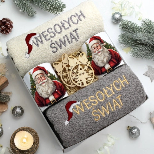 ZESTAW PREZENT ŚWIĄTECZNY KOMPLET KUBKI RĘCZNIKI ŚWIĘTA MIKOŁAJ POD CHOINKĘ