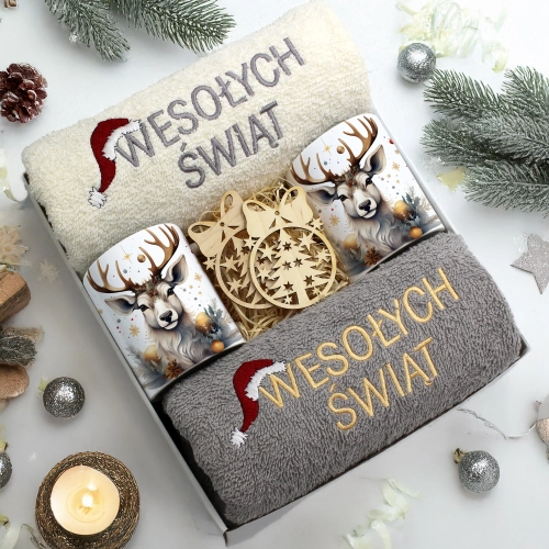 ZESTAW PREZENT ŚWIĄTECZNY KOMPLET KUBKI RĘCZNIKI ŚWIĘTA MIKOŁAJ POD CHOINKĘ