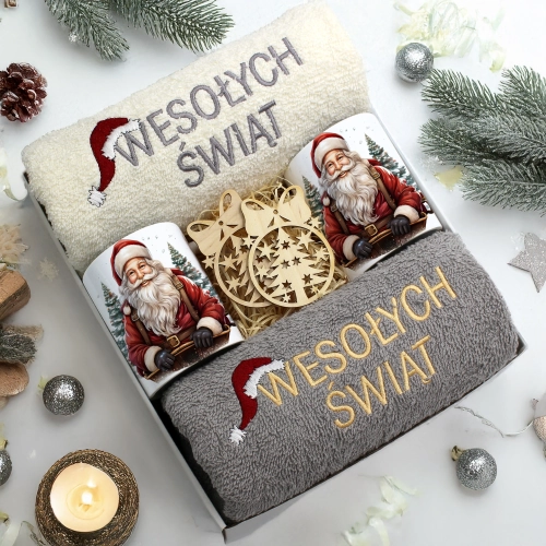 ZESTAW PREZENT ŚWIĄTECZNY KOMPLET KUBKI RĘCZNIKI ŚWIĘTA MIKOŁAJ POD CHOINKĘ