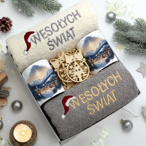 ZESTAW PREZENT ŚWIĄTECZNY KOMPLET KUBKI RĘCZNIKI ŚWIĘTA MIKOŁAJ POD CHOINKĘ