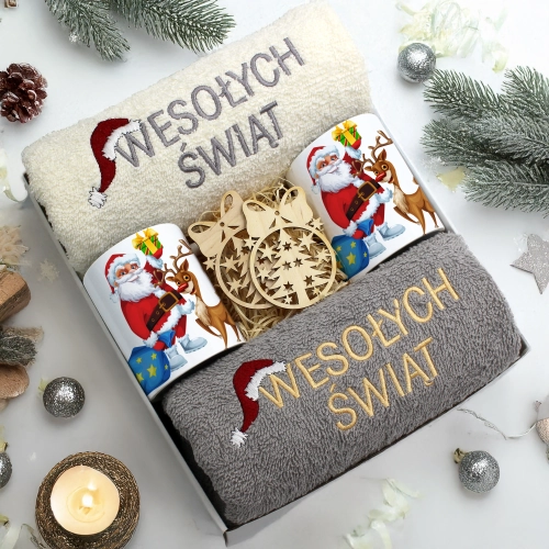 ZESTAW PREZENT ŚWIĄTECZNY KOMPLET KUBKI RĘCZNIKI ŚWIĘTA MIKOŁAJ POD CHOINKĘ