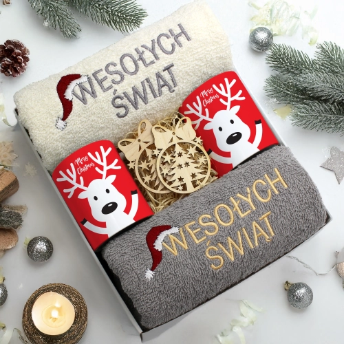 ZESTAW PREZENT ŚWIĄTECZNY KOMPLET KUBKI RĘCZNIKI ŚWIĘTA MIKOŁAJ POD CHOINKĘ