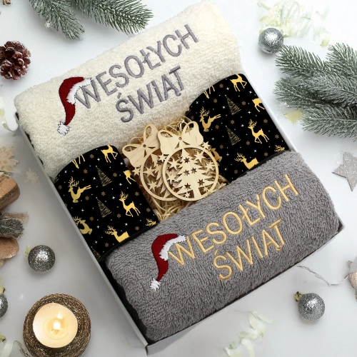 ZESTAW PREZENT ŚWIĄTECZNY KOMPLET KUBKI RĘCZNIKI ŚWIĘTA MIKOŁAJ POD CHOINKĘ