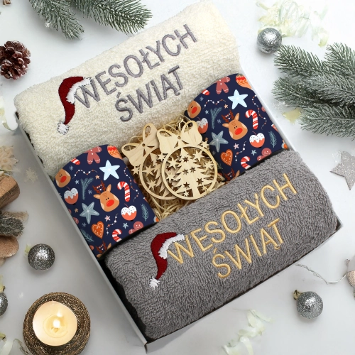 ZESTAW PREZENT ŚWIĄTECZNY KOMPLET KUBKI RĘCZNIKI ŚWIĘTA MIKOŁAJ POD CHOINKĘ