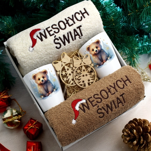 ZESTAW PREZENT ŚWIĄTECZNY KOMPLET KUBKI LATTE RĘCZNIKI ŚWIĘTA MIKOŁAJ