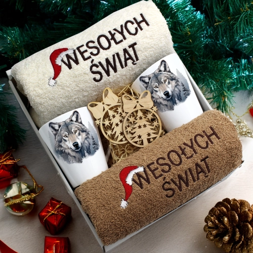 ZESTAW PREZENT ŚWIĄTECZNY KOMPLET KUBKI LATTE RĘCZNIKI ŚWIĘTA MIKOŁAJ