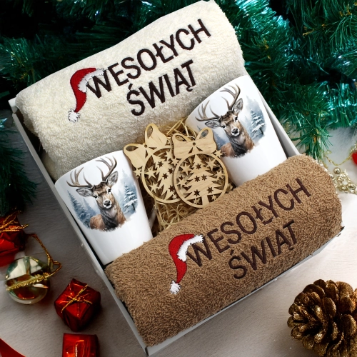 ZESTAW PREZENT ŚWIĄTECZNY KOMPLET KUBKI LATTE RĘCZNIKI ŚWIĘTA MIKOŁAJ