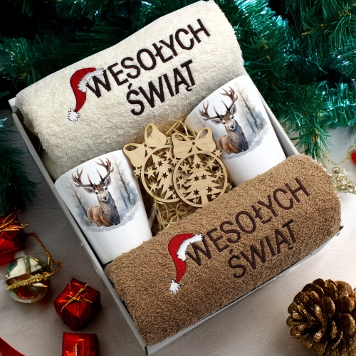 ZESTAW PREZENT ŚWIĄTECZNY KOMPLET KUBKI LATTE RĘCZNIKI ŚWIĘTA MIKOŁAJ