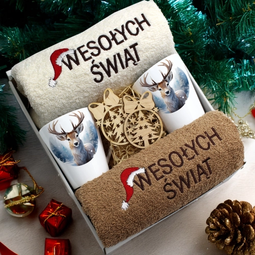 ZESTAW PREZENT ŚWIĄTECZNY KOMPLET KUBKI LATTE RĘCZNIKI ŚWIĘTA MIKOŁAJ