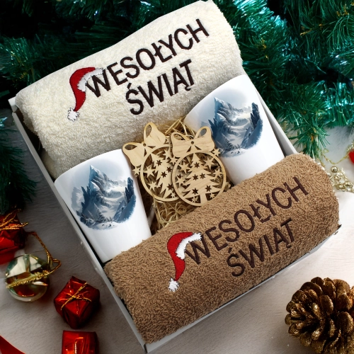 ZESTAW PREZENT ŚWIĄTECZNY KOMPLET KUBKI LATTE RĘCZNIKI ŚWIĘTA MIKOŁAJ