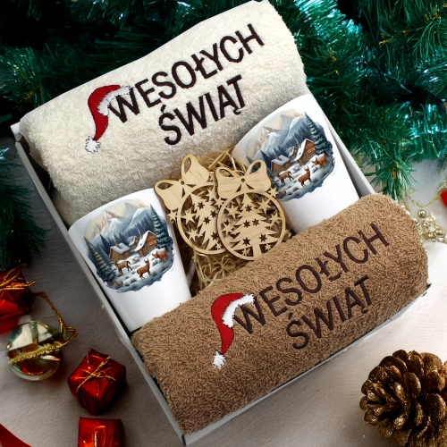 ZESTAW PREZENT ŚWIĄTECZNY KOMPLET KUBKI LATTE RĘCZNIKI ŚWIĘTA MIKOŁAJ