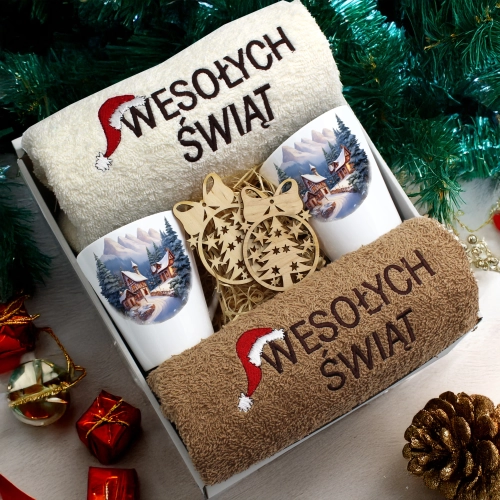 ZESTAW PREZENT ŚWIĄTECZNY KOMPLET KUBKI LATTE RĘCZNIKI ŚWIĘTA MIKOŁAJ
