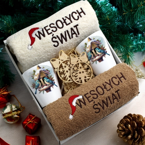 ZESTAW PREZENT ŚWIĄTECZNY KOMPLET KUBKI LATTE RĘCZNIKI ŚWIĘTA MIKOŁAJ