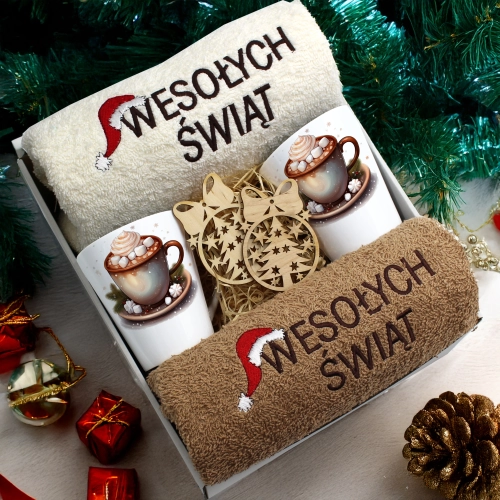 ZESTAW PREZENT ŚWIĄTECZNY KOMPLET KUBKI LATTE RĘCZNIKI ŚWIĘTA MIKOŁAJ